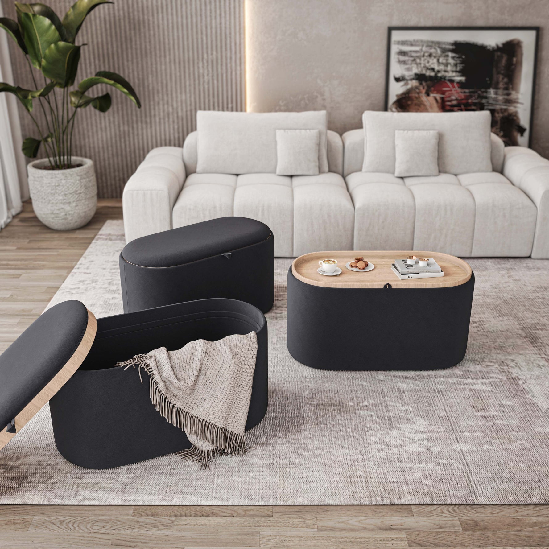 Techni Home Storage Ottoman with Reversible Tray Top, Black