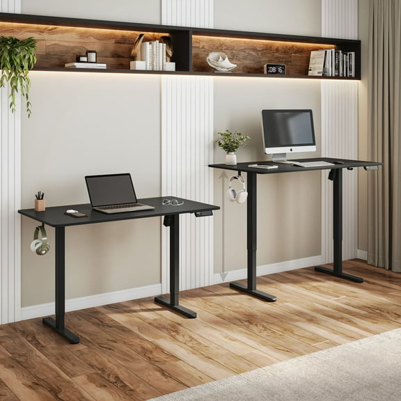 Techni Mobili 47.25” W Electric Standing Desk, Height Adjustable Sit-to-Stand Desk with 3 Memory Presets and Dual Accessory Hooks, Black