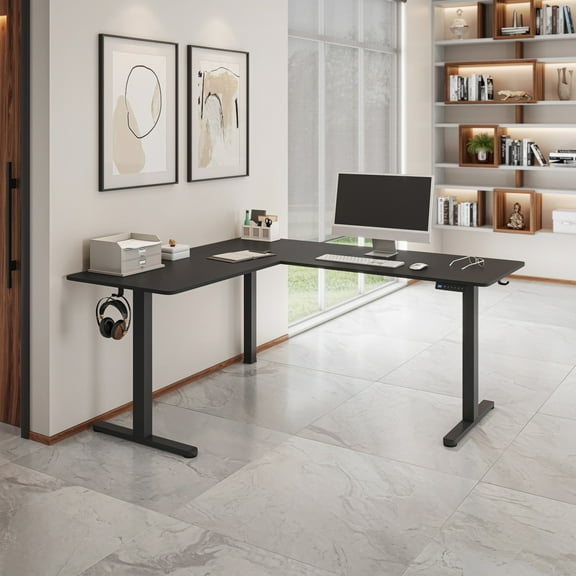 Techni Mobili 63” W L-Shaped Electric Standing Desk with Spacious Desktop, 3 Memory Height Presets and 2 Accessory Hooks, Black