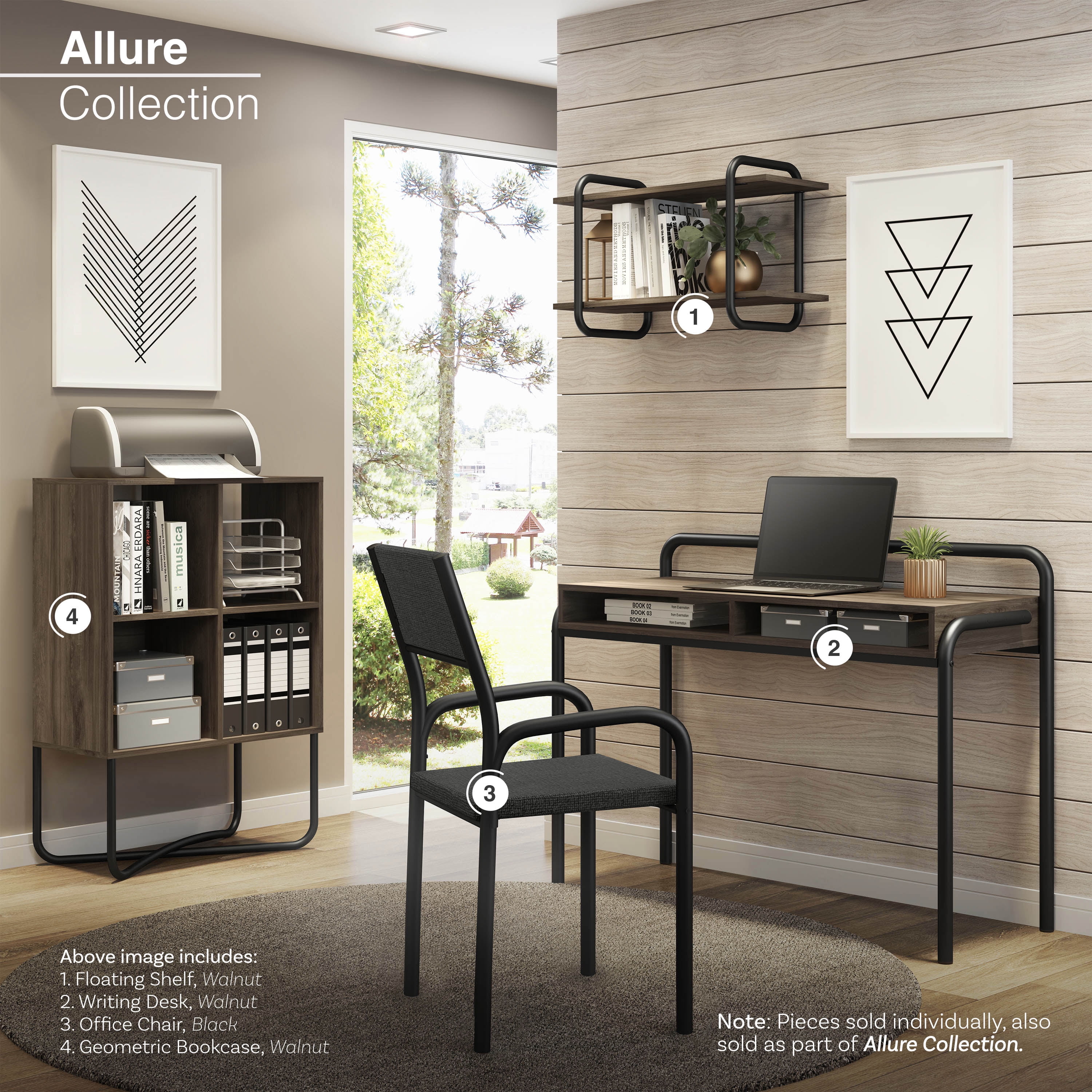 Modern Symmetrical 2-Tier Walnut Bookcase with Steel Cross-Legs