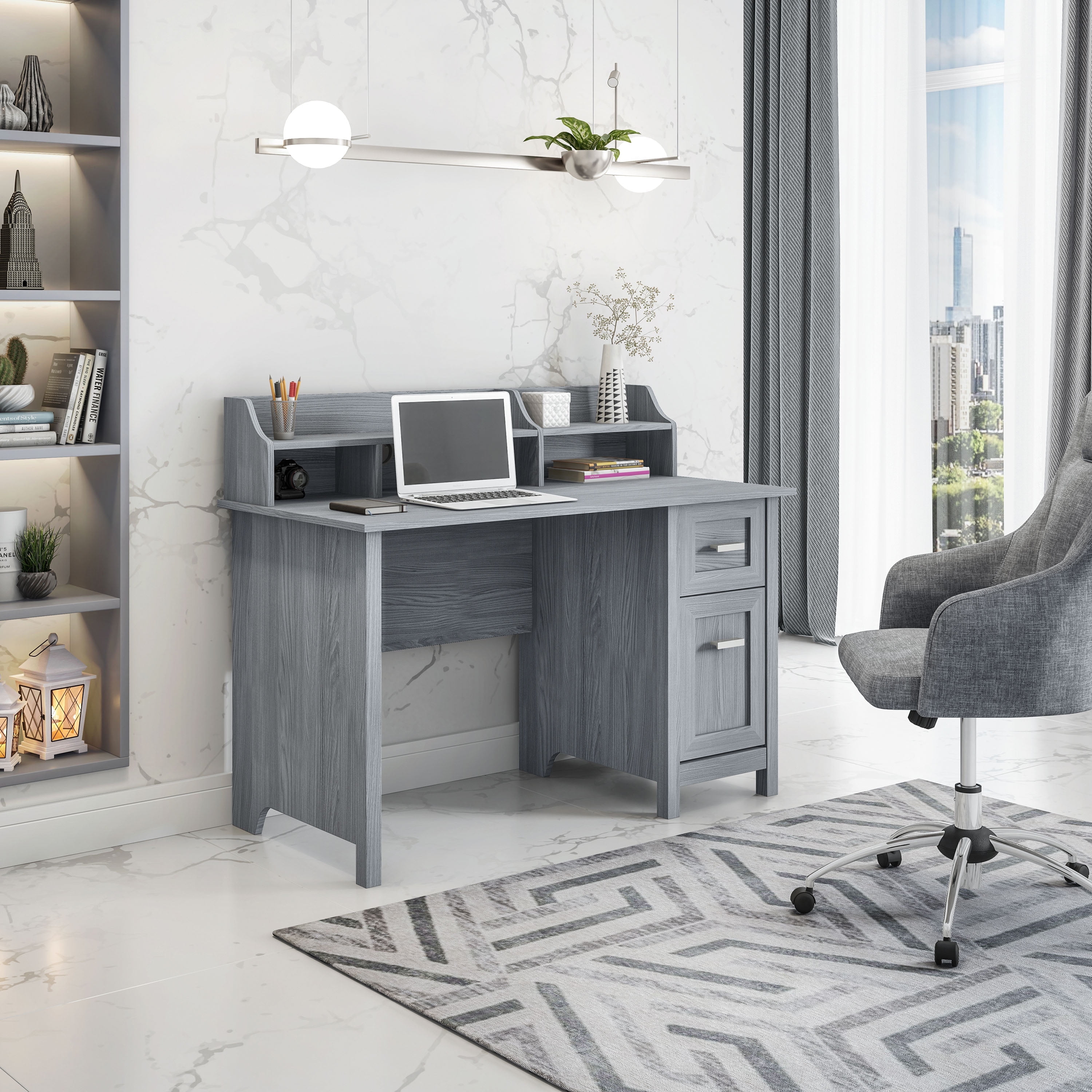 Techni Mobili Classic Office Desk, Gray, Wooden, Storage Drawers