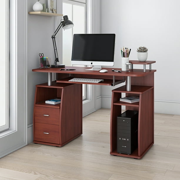 Techni Mobili Complete Computer Workstation Desk with Storage, Mahogany