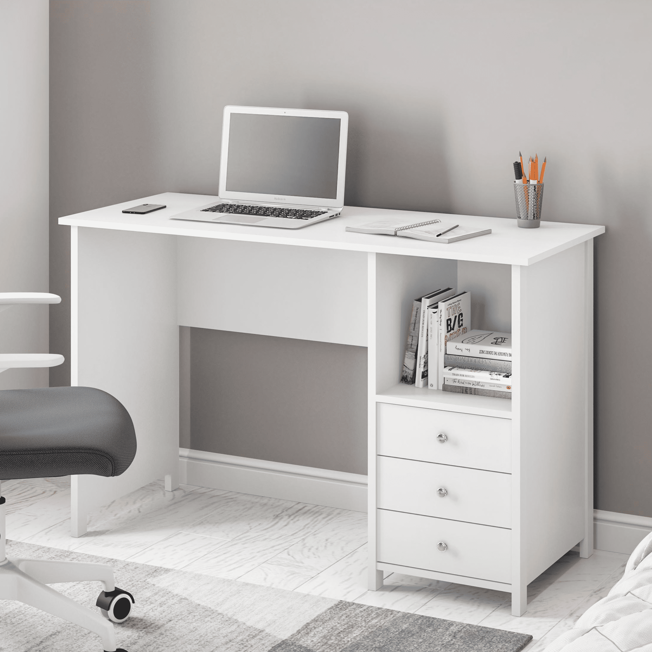 Techni Mobili Escritorio blanco con cajones: escritorio de oficina pequeño  con 3 cajones de gabinete, estante abierto y paneles de madera laminada
