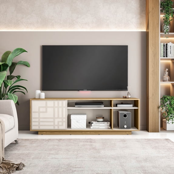 Techni Mobili Contemporary TV Stand for TV’s up to 70” with Patterned Storage Cabinet and Open Shelving, Oak RTA-945TV-OAK