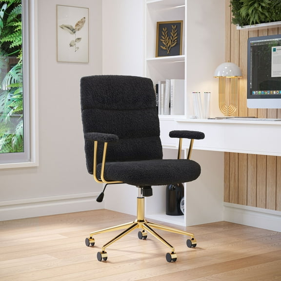 Techni Mobili Elegant Textured Boucle Black and Gold Office Chair