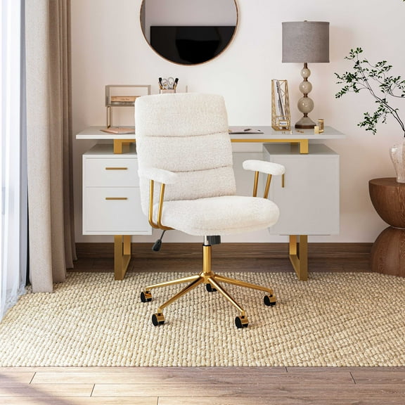 Techni Mobili Elegant Textured Boucle White and Gold Office Chair, RTA-3270C-WHT