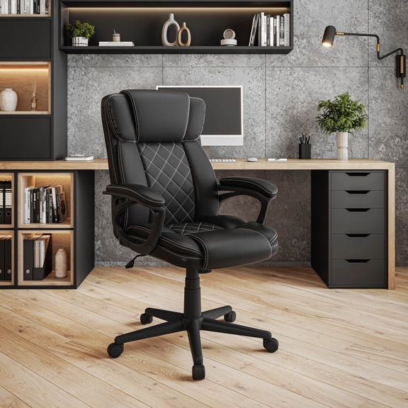 Techni Mobili Ergonomic Executive High Back Office Chair in Black Faux Leather, Adjustable Height Swivel Desk Chair