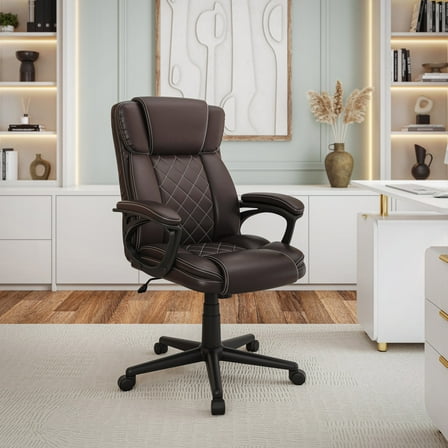 Techni Mobili Ergonomic Executive High Back Office Chair in Brown Faux Leather, Adjustable Height Swivel Desk Chair