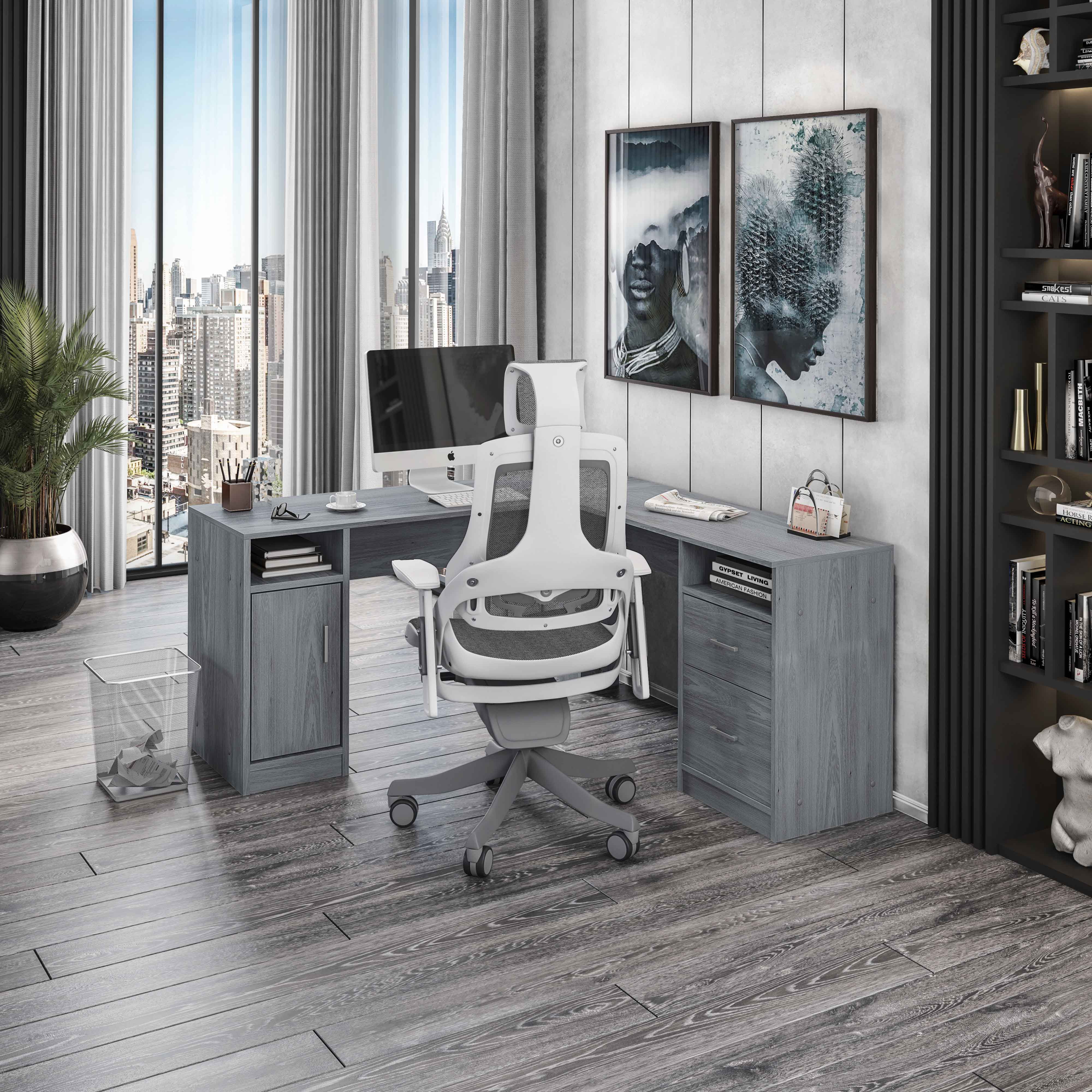 Ergonomic Gray L-Shaped Gaming Desk with Storage and Filing Cabinet