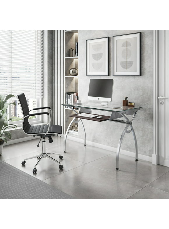 Techni Mobili Glass Top Computer Desk with Keyboard Tray & Silver Legs for Home Office or Study