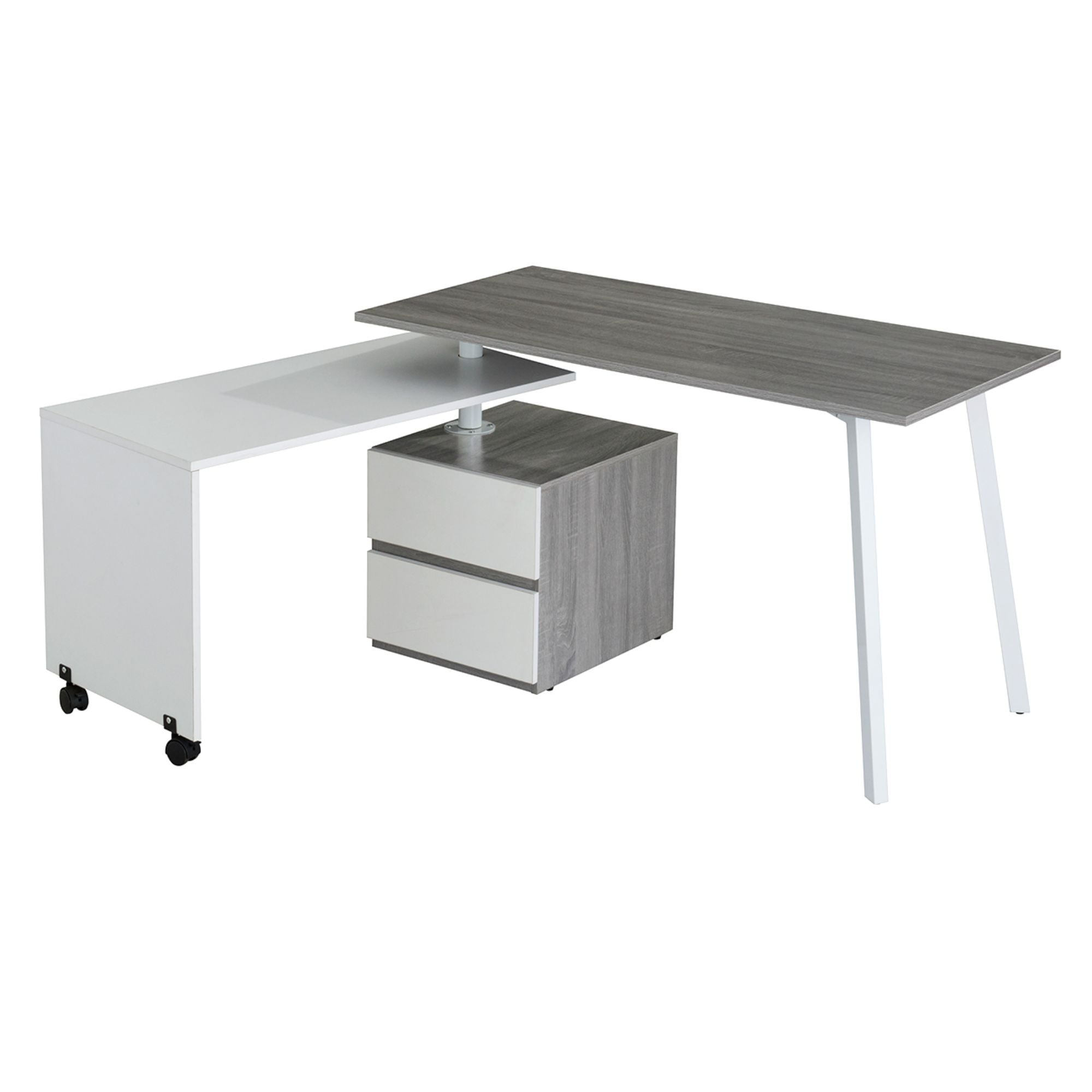 Grey and White Corner Computer Desk with Drawer and Keyboard Tray