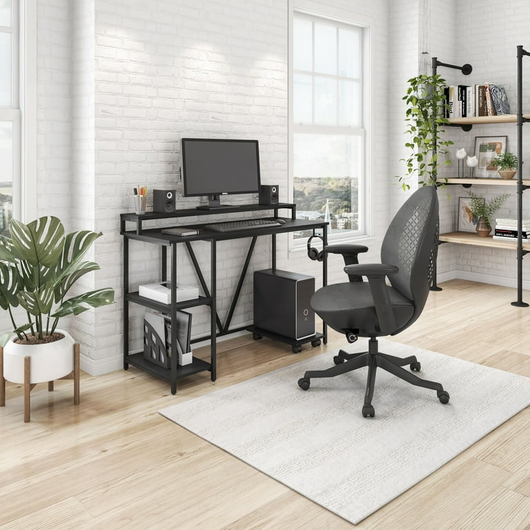 Techni Mobili Industrial Writing Desk with Shelves and CPU Caddy with Wheels Black