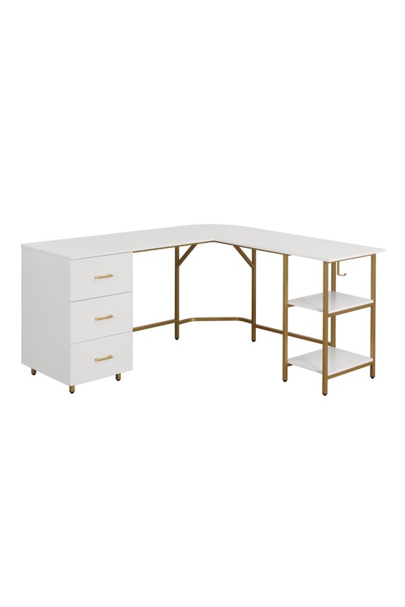 L-Shape Home Office Desk with Storage, Gold/White