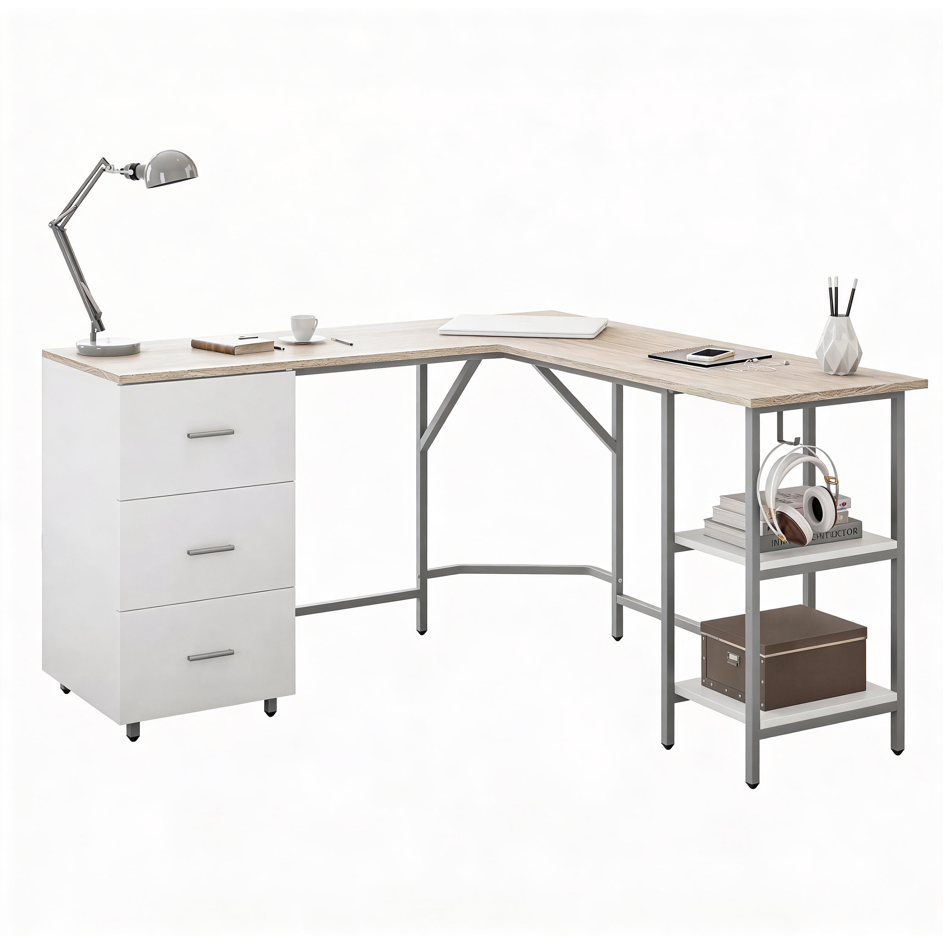 Techni Mobili L-Shape Home Office Desk with Storage, Sand RTA-739DL-SND