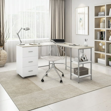 Techni Mobili L-Shape Home Office Desk with Storage, Sand RTA-739DL-SND