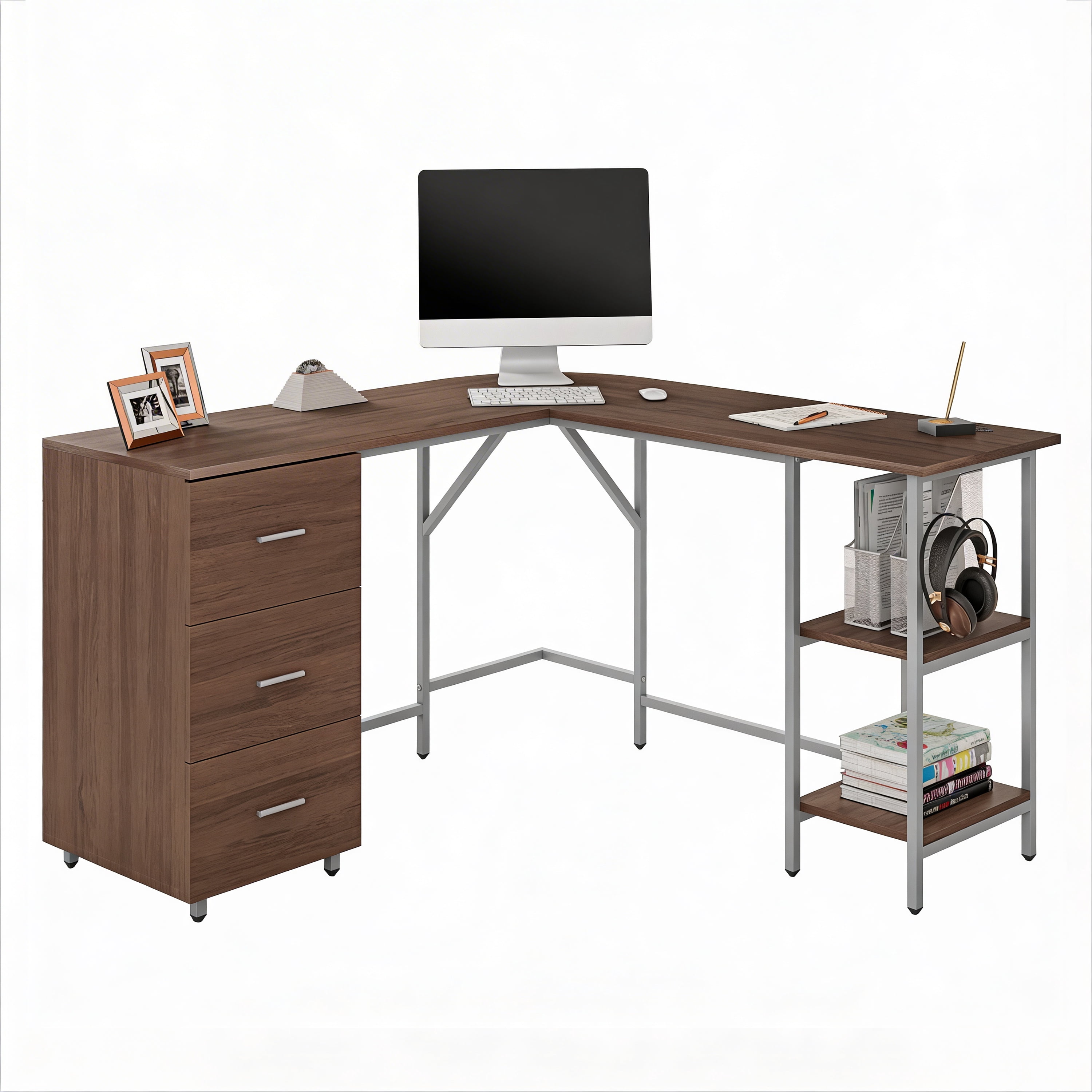 Techni Mobili L-Shape Desk with Storage Drawers, Adjustable Shelf