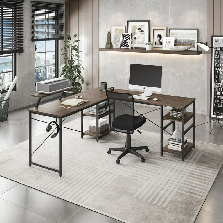Techni Mobili L-Shape Industrial Desk with Storage Shelves, Walnut
