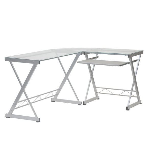 Techni Mobili Modern Reversible L Shaped Clear Glass Top Computer Desk