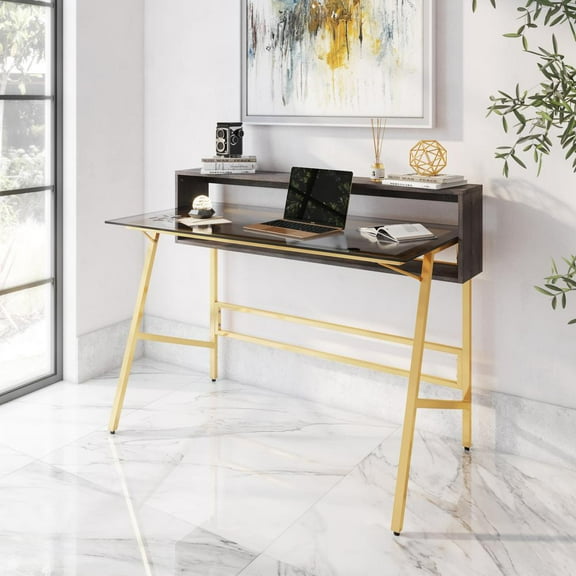 Techni Mobili Modern 47" Glass Top Writing Desk with Riser and Scratch Resistant Steel Legs, Gold/Black RTA-4833D-GLD
