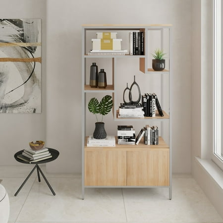 Techni Mobili 5-Tier Oak Bookcase – Modern Shelf with Cabinet Storage