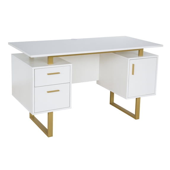 Techni Mobili Modern Adult Office Desk with Drawers and Storage, 51.25”W, White/Gold RTA-7002-GLD