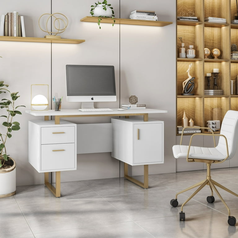 Techni Mobili Modern Adult Office Desk with Drawers and Storage, 51.25”W,  White/Gold