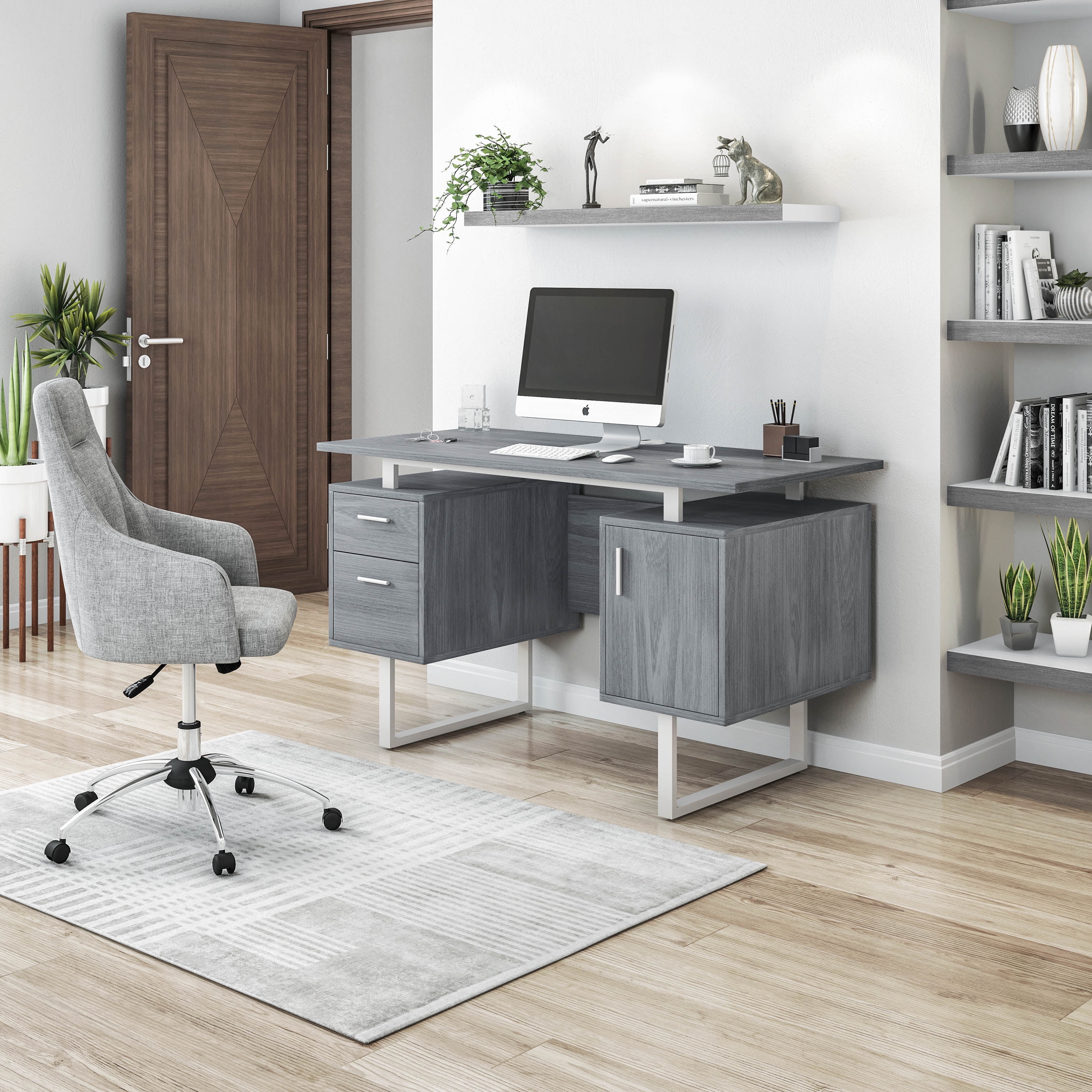 Techni Mobili White and Gold Desk for Office with Drawers & Storage