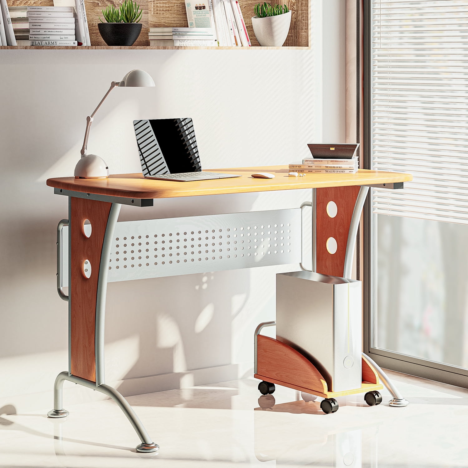 Modern L-Shaped Computer Desk with CPU Caddy, Dark Honey