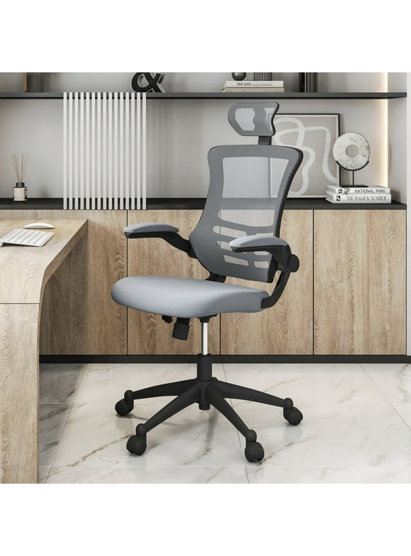 Techni Mobili Modern High-Back Mesh Executive Chair with Flip-up Arms, Silver Grey