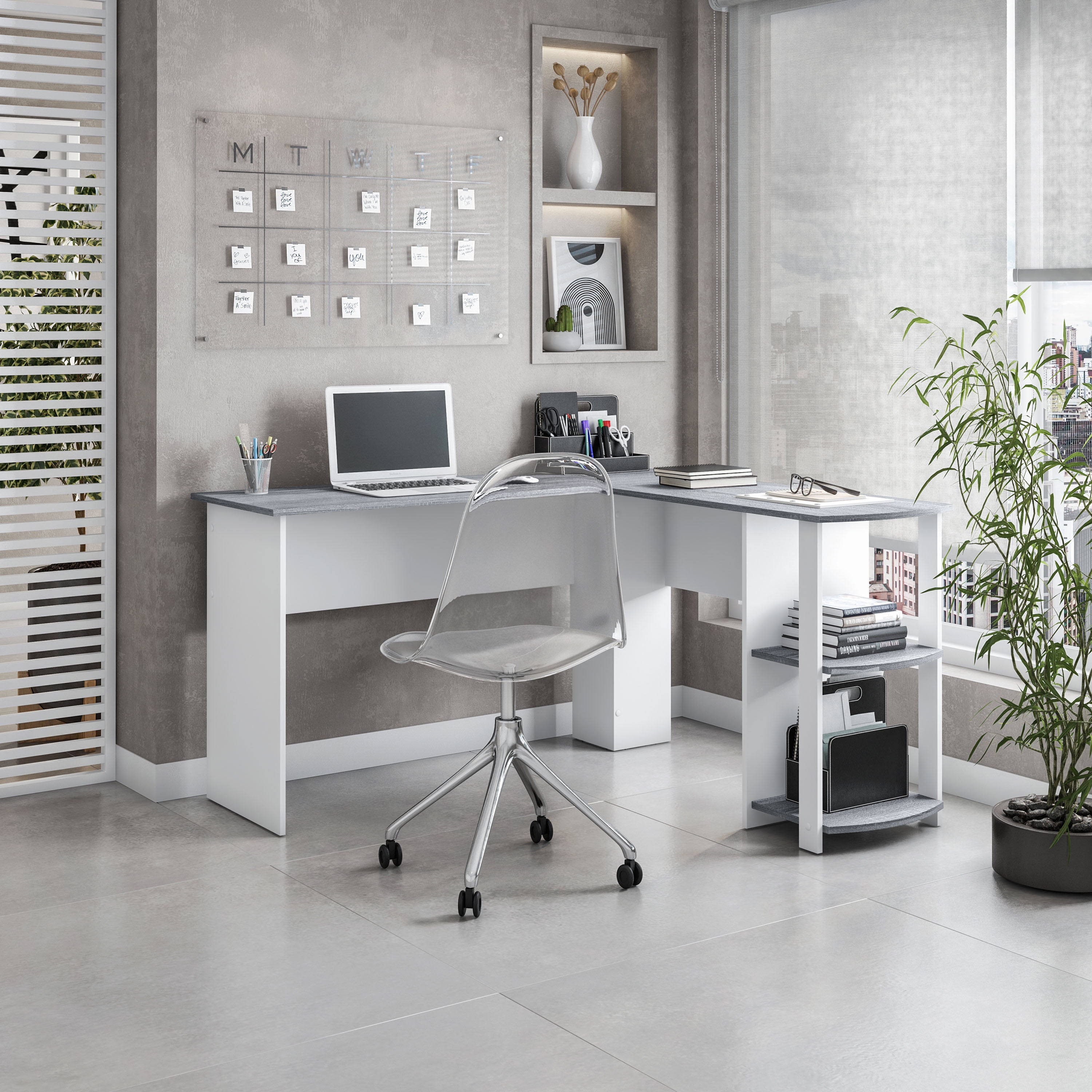 Techni Mobili Modern L-Shaped Shelves, Desk with Side Grey