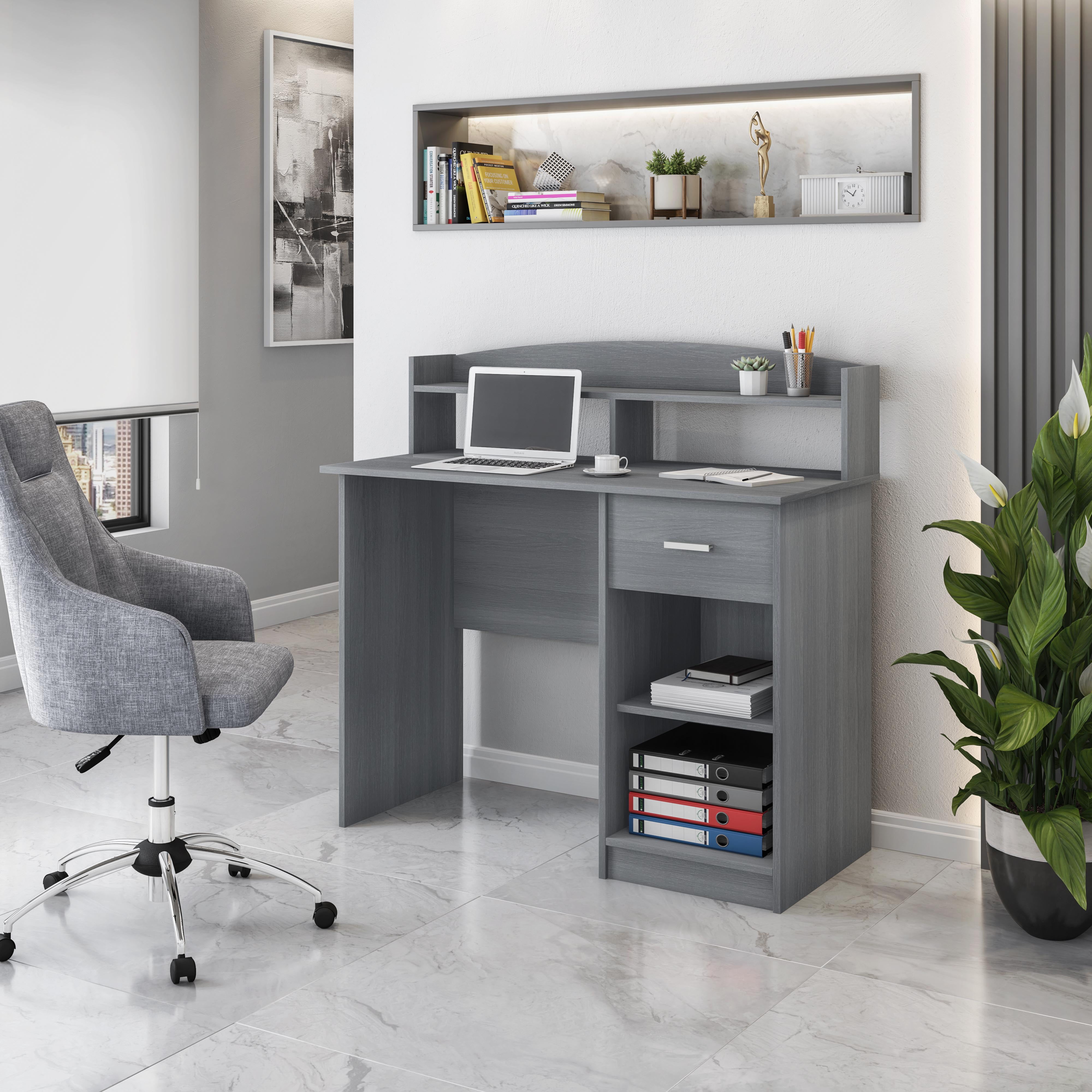 Modern Gray Heavy-duty MDF Office Desk with Hutch and Drawer