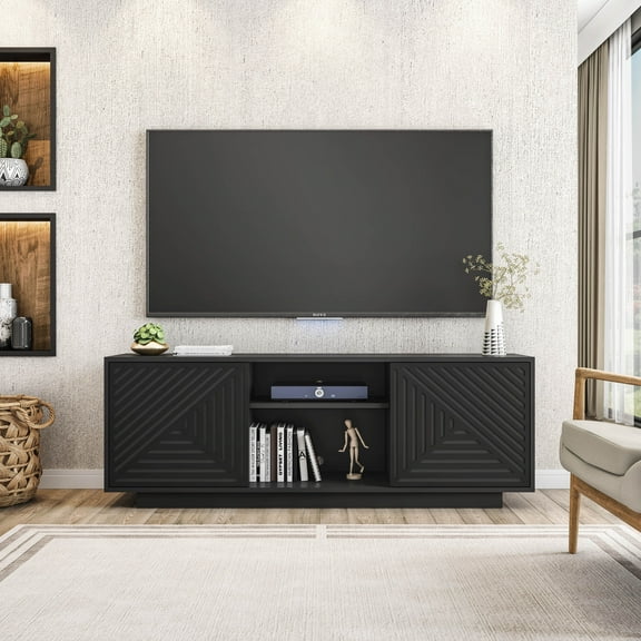 Techni Mobili Modern TV Stand for TV’s up to 70” with 2 Storage Cabinets with Patterned Doors, Black RTA-940TV-BK