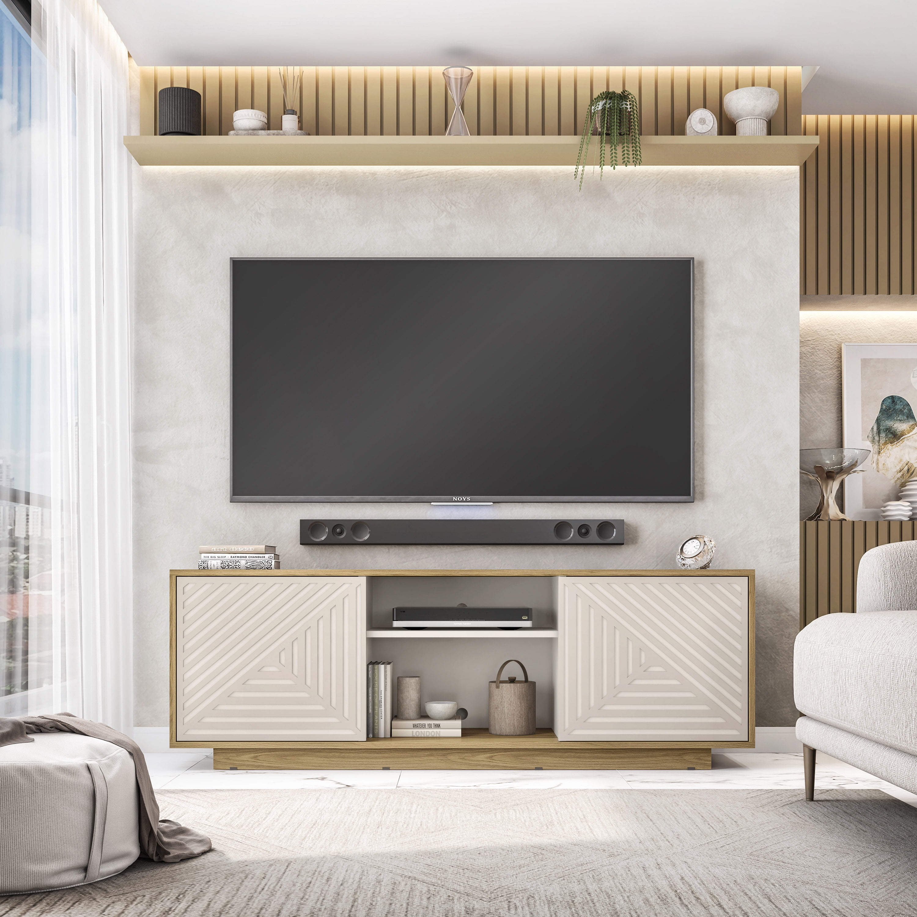Modern Oak and White Chevron Pattern TV Stand with Cabinets