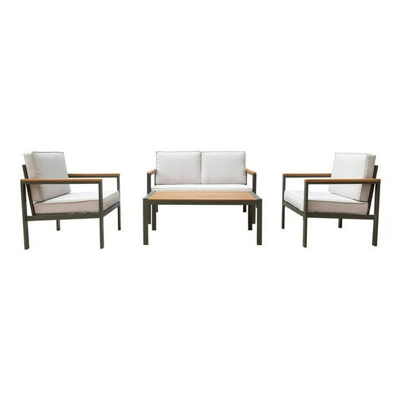 RIBE Aluminum 4 Piece Patio Set with Wood Accents and Beige Cushions
