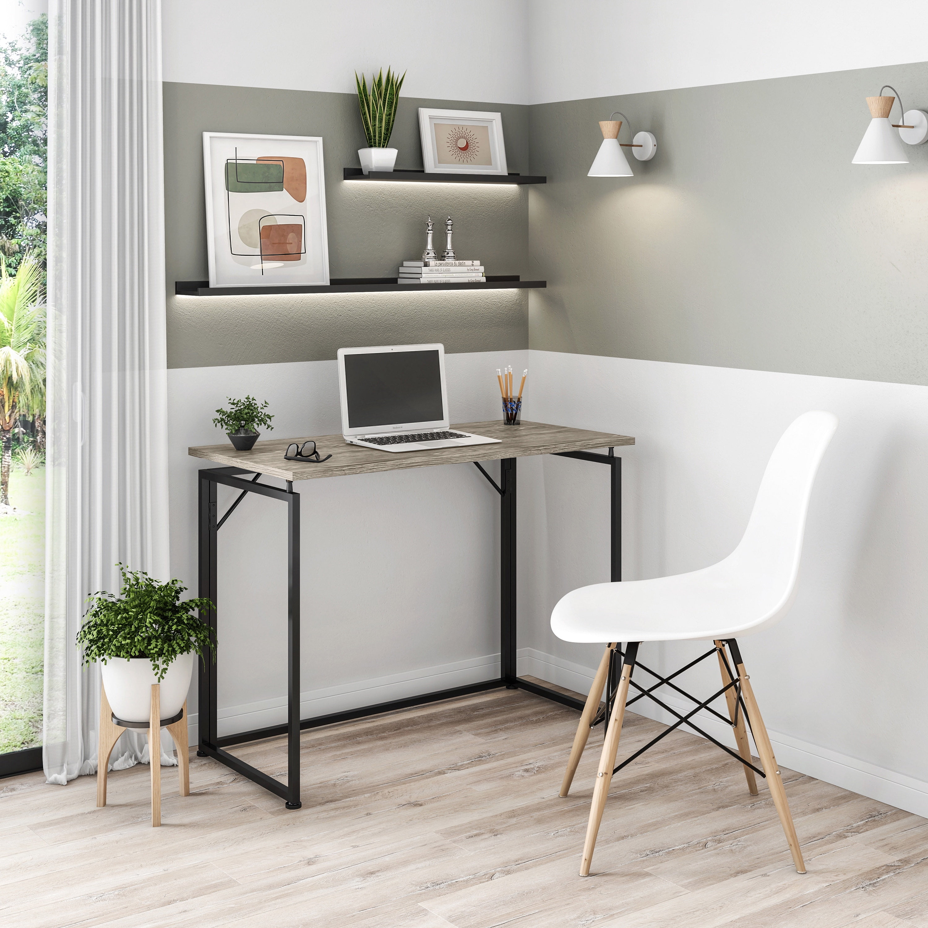 Techni Mobili Modern Wood & Steel Metal Folding Desk in Gray/Black