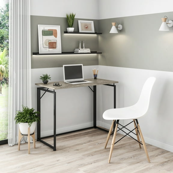 Techni Mobili Modern Wood & Steel Metal Folding Desk in Gray/Black