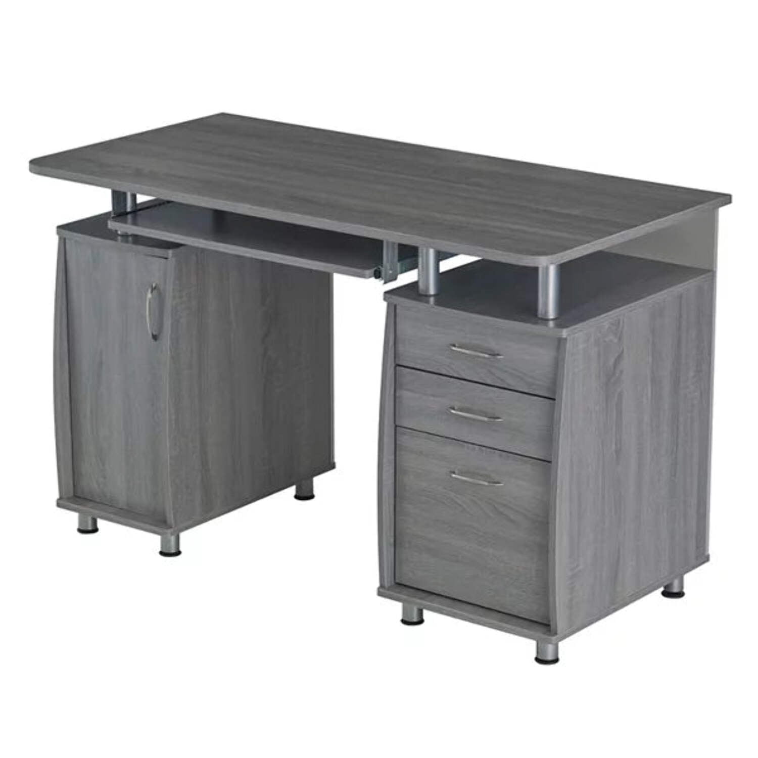 Gray Rectangular Workstation Desk with Storage and Keyboard Tray