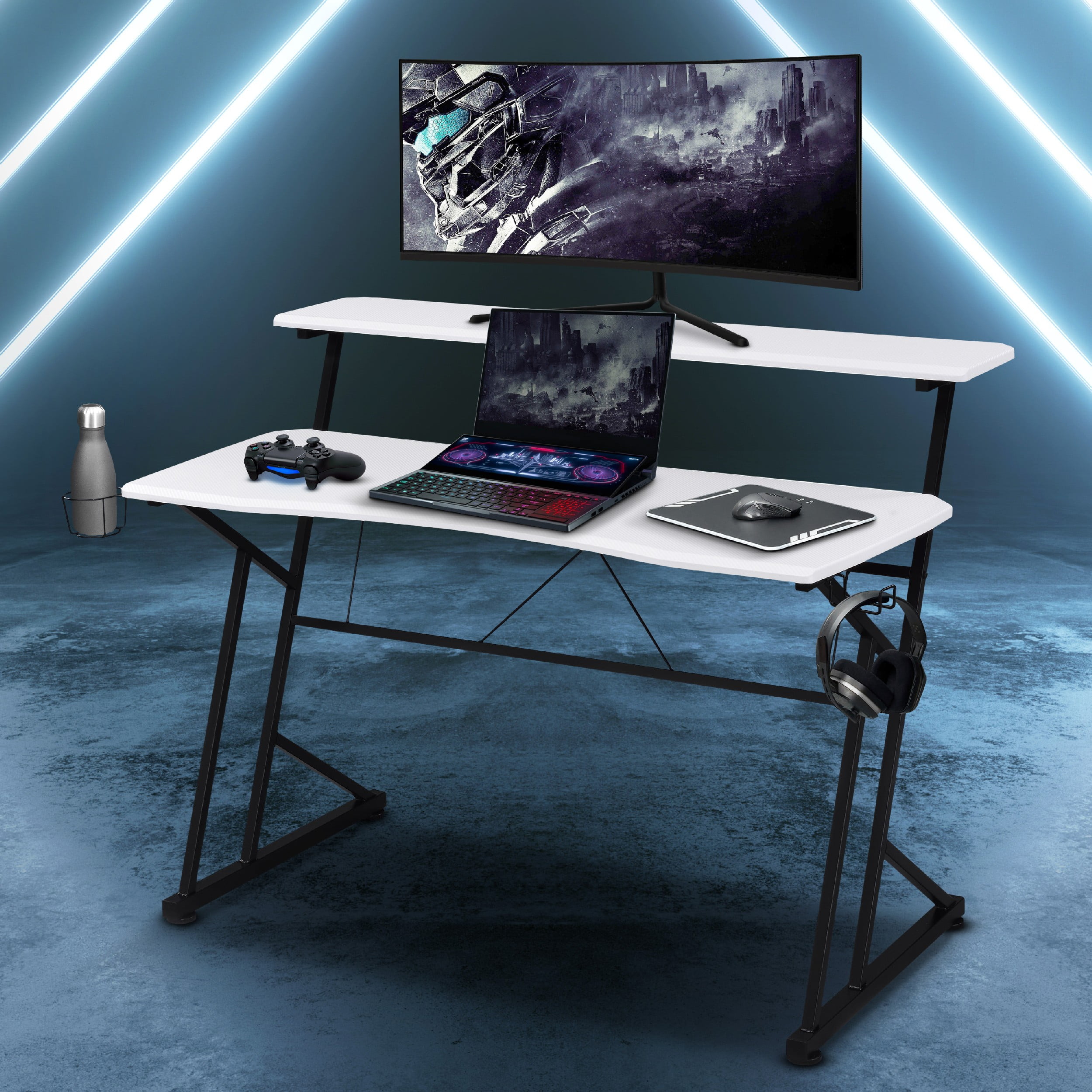 Techni Sport Gaming Desk - Two-Way Computer Desk with Elevated Monitor  Stands, CD Rack, Cup Holder, & Accessories Storage for a Complete Gaming  Setup