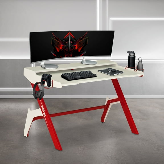 Techni Sport Ergonomic Computer Gaming Desk Workstation with Cupholder and Headphone Hook, Red RTA-TS206D-RED