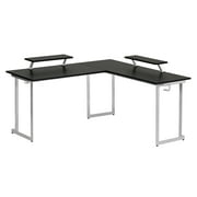 Techni Sport L-Shaped Gaming Desk with Dual Monitor Stands, Carbon Fiber Surface with Retractable Cup Holder and Headphone Hook, Black