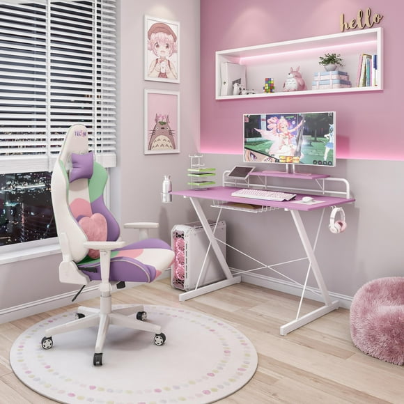 Techni Sport TS-200 Carbon 47" Computer Gaming Desk with Shelving, Pink/ White RTA-TS200-PNK