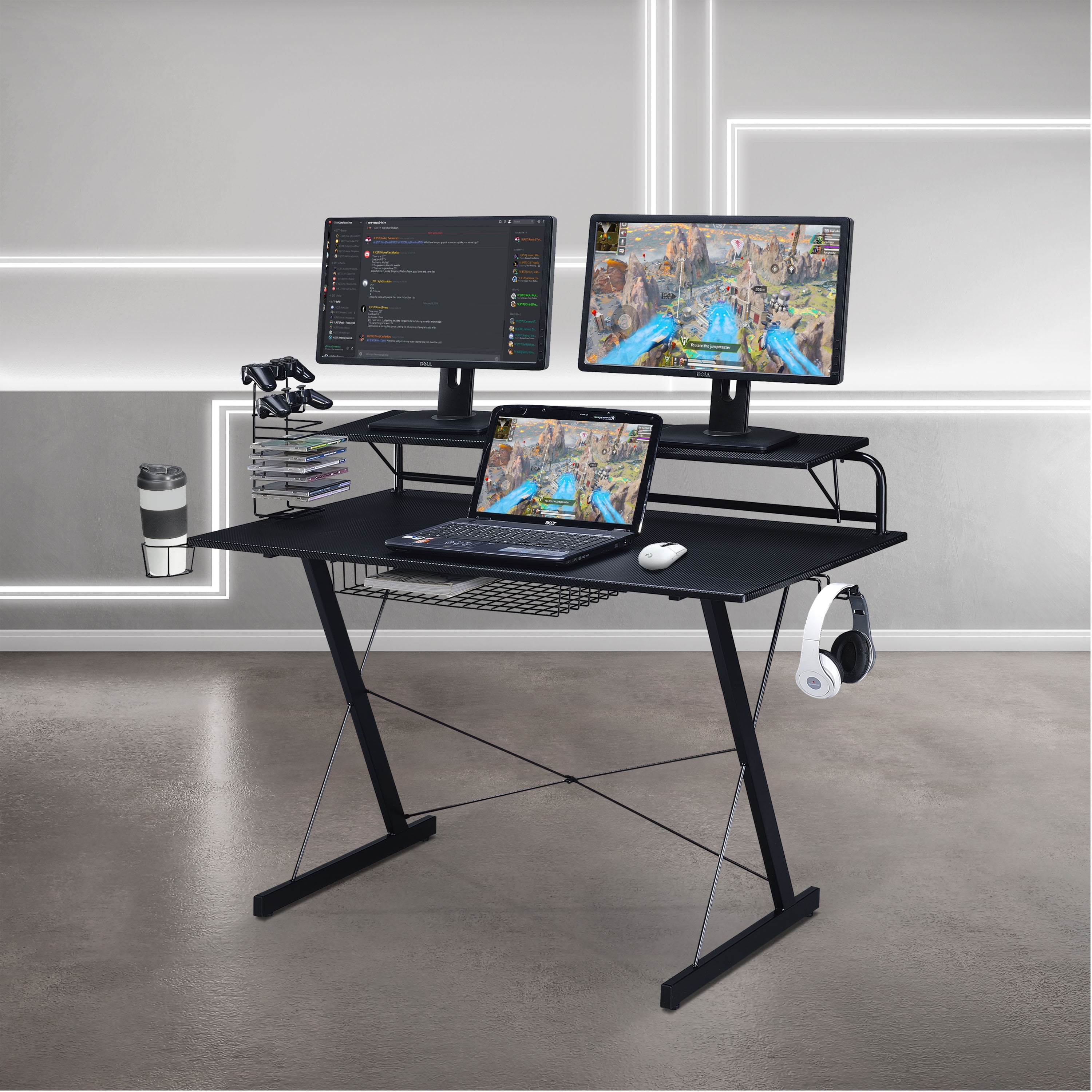 Techni Sport TS-200 Carbon Gaming Desk, Black, Headphone Holder