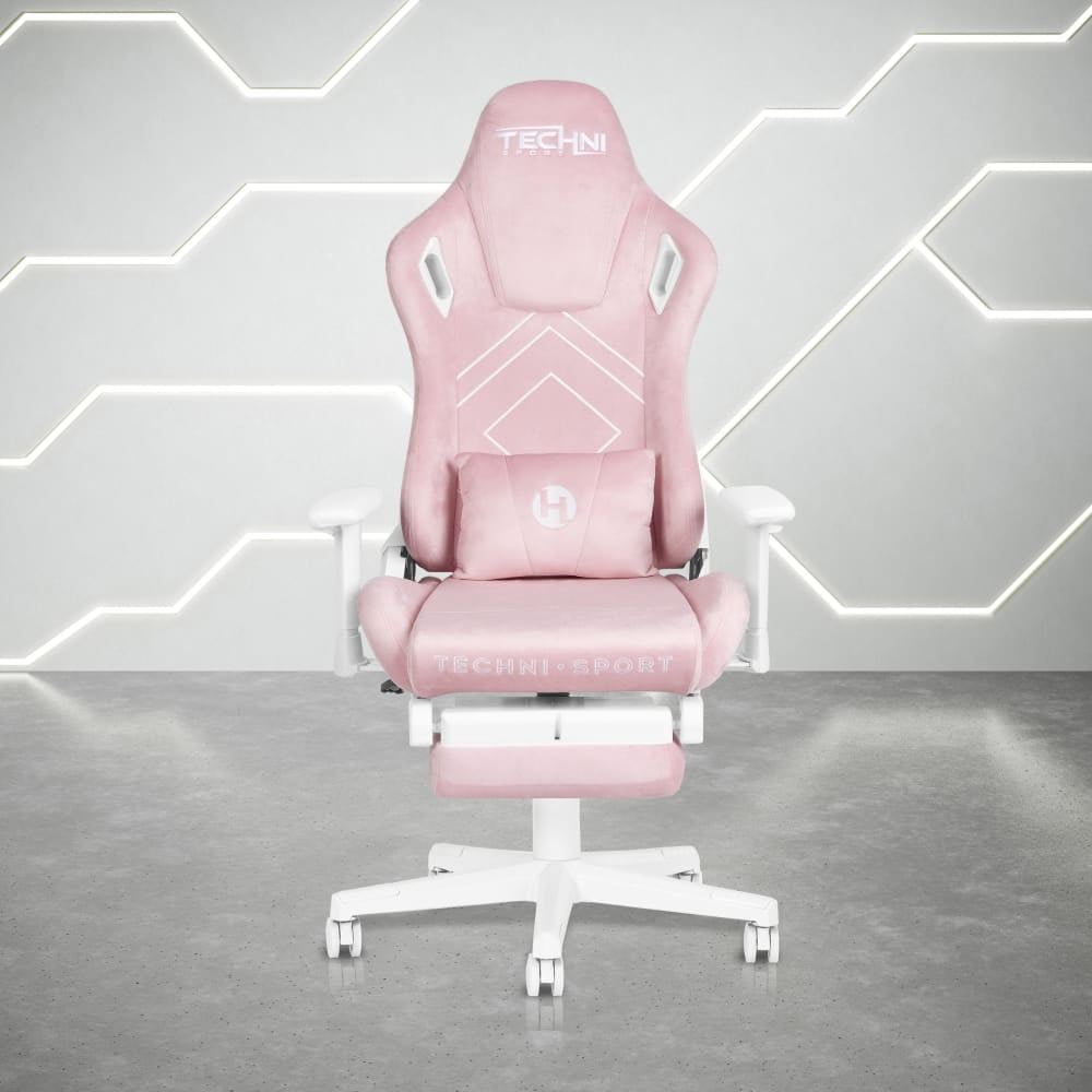 Techni Sport Pink Velvet Gaming Chair with Footrest, Memory Foam, Lumbar Support, Reclining Back & 300 lbs Capacity