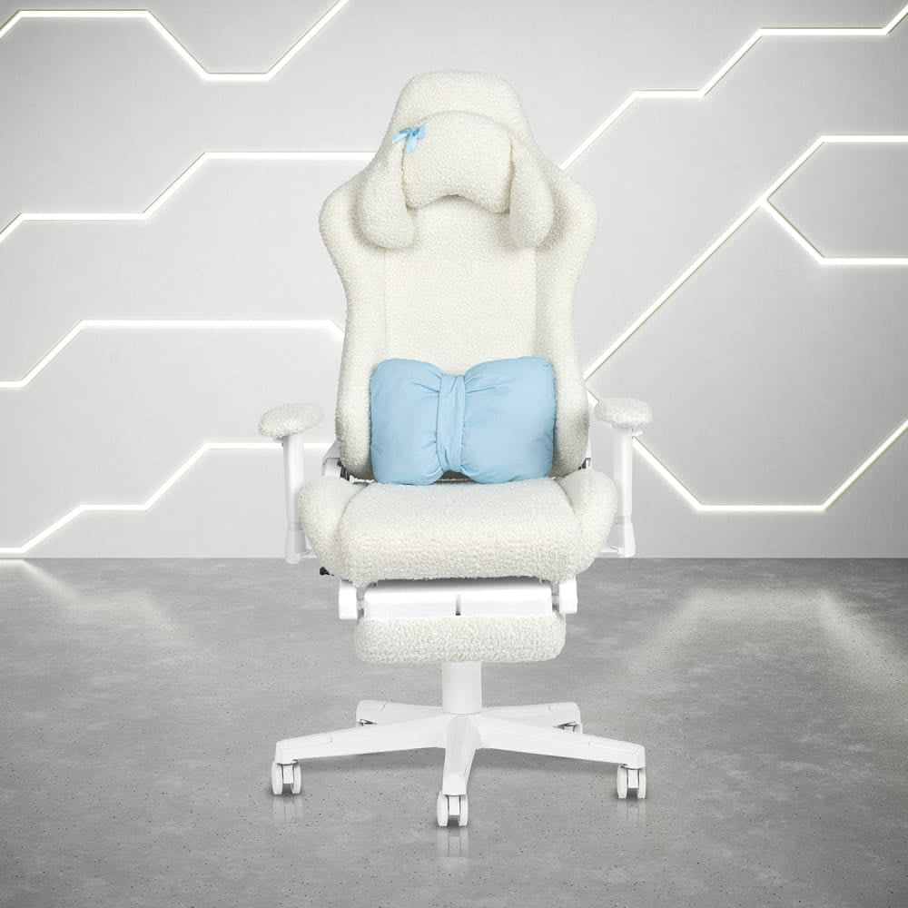 Techni Sport White Bunny Gaming Chair – Bouclé Fabric, Lumbar Pillow, Footrest, Headrest Pillow, Adjustable