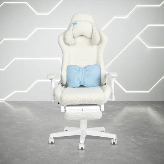 Techni Sport White Bunny Gaming Chair  Boucl Fabric, Lumbar Pillow, Footrest, Headrest Pillow, Adjustable