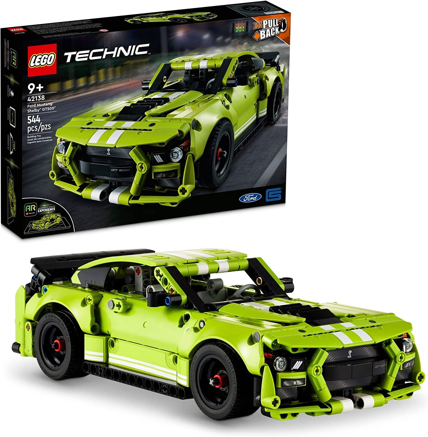 Technic Ford Mustang Shelby GT500 Building Set 42138 - Pull Back Drag Race Toy Car Model Kit, Featuring AR App for Fast Action Play, Great Gift for Boys, Girls, and Teens Ages 9+