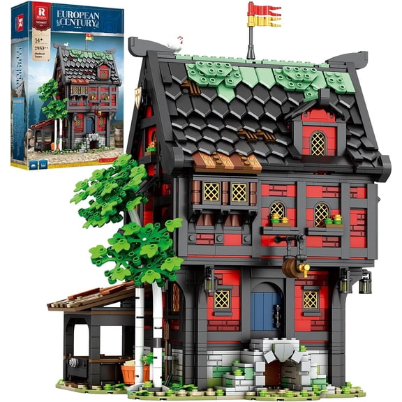 Technic Medieval Inn Building Set 66017, European Century Tavern for Home&Office Display, Medieval Collectible Architecture Model Kits,