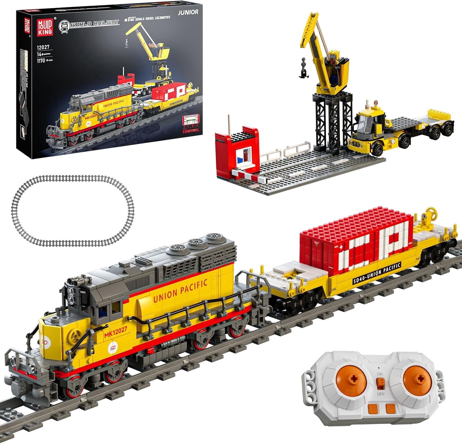 Technic Remote Control Train Building Set, 1170pcs Diesel Locomotive Train Toy with Loop Track, Crane, Containers Semi Trailer for Assembly, Construction Model Kit