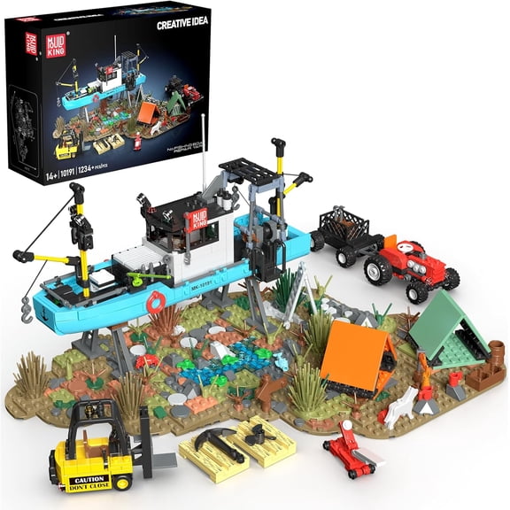 Technic Repair Yard Building Set, Fishing Boat Blocks Kits, with Boat, Forklift, Tractor, Repair Tools, Tents, and Picnic, 10191 Fisherman's Wharf House Model