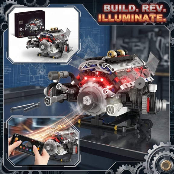 Technic Supercar V8 Engine Building Kit, App & Remote Control Motorized Mechanical Car Engine Model with LED Lights, STEM Toy Set